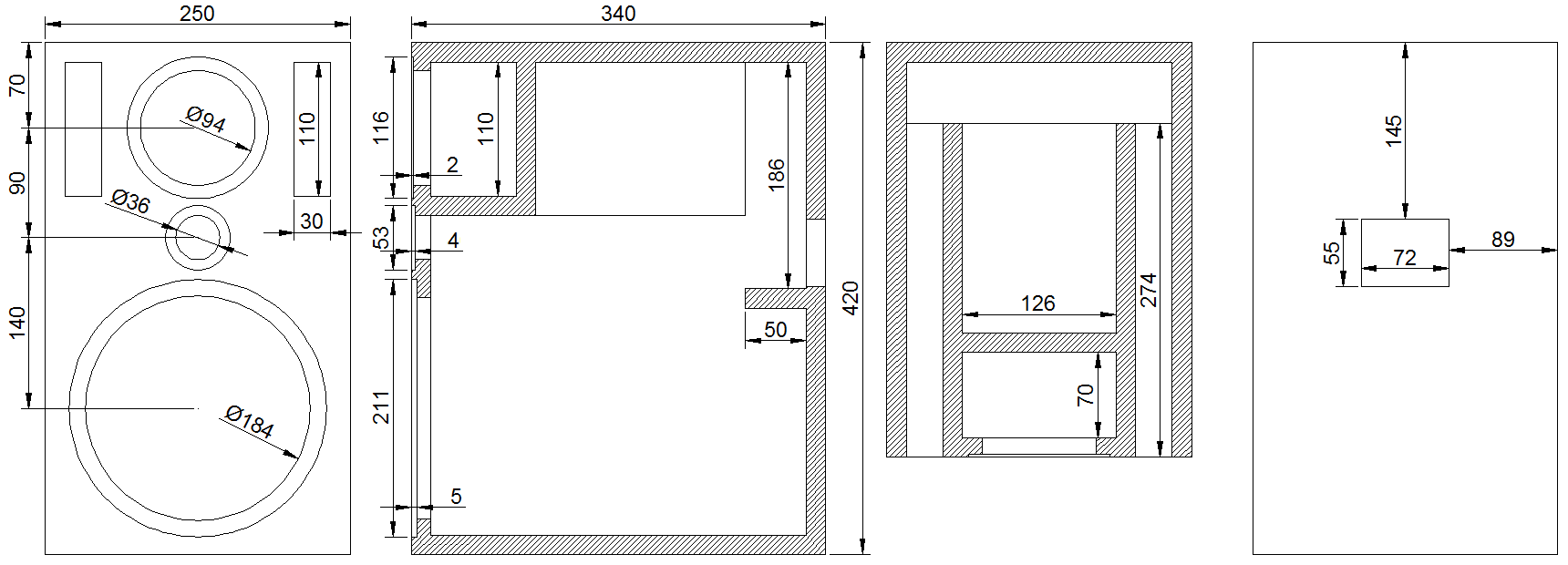 Чертеж корпуса трехполосной АС Карбон П84